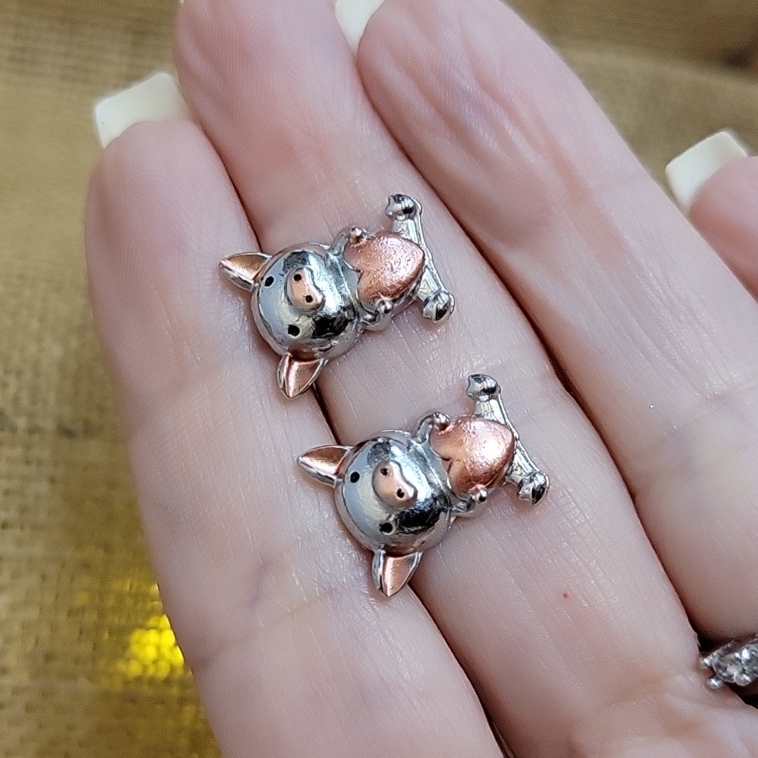 Pig Silver And Rose Gold Heart Earrings